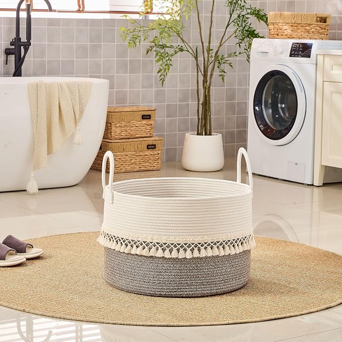 KAKAMAY Large Blanket Basket with Handles, Storage Basket for Living Room | Extra Large Capacity | Natural Cotton Rope | Blanket Storage | Woven Storage Basket | Stuffed Animal Storage | Laundry Basket - Image 5
