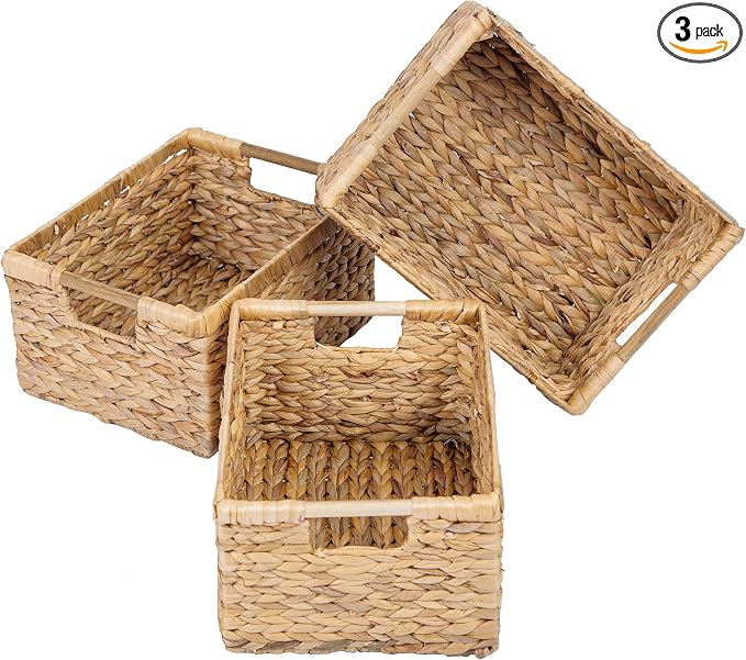 Large Wicker Basket Rectangular with Wooden Handles for Shelves, Water Hyacinth Basket Storage, Natural Baskets for Organizing, Wicker Baskets for Storage 14.5 x 10.3 x 7.5 inches - 3 Pack by VATIMA