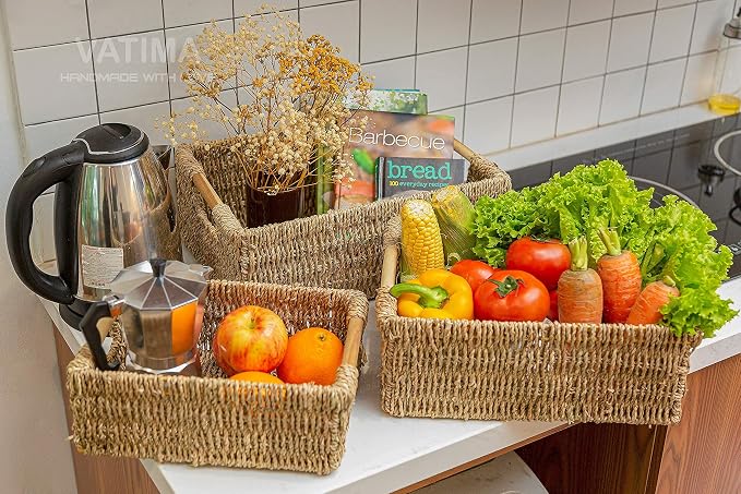 VATIMA Seagrass Baskets with Wooden Handles, Set of 3 Decorative Natural Wicker Baskets for Kitchen - Image 8