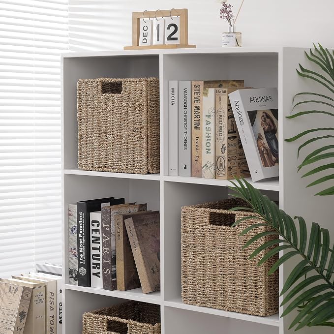 10.5 x 10.5in Seagrass Storage Baskets Set of 4, Cube Foldable Woven Storage Baskets for Shelves, Decorative Seagrass Shelf Basket - Image 3