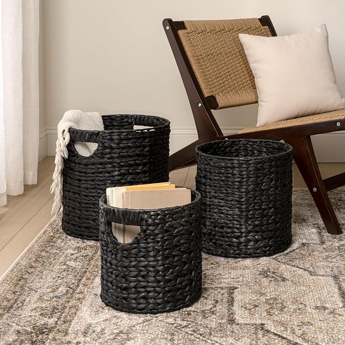 happimess Avery 3-Piece Cylinder Nesting Baskets 13", Black | Hyacinth, Bohemian Cottage Style, Handwoven Wicker, Iron Metal Frame, Decorative Storage For Toys And Books, Built In Handles - Image 2