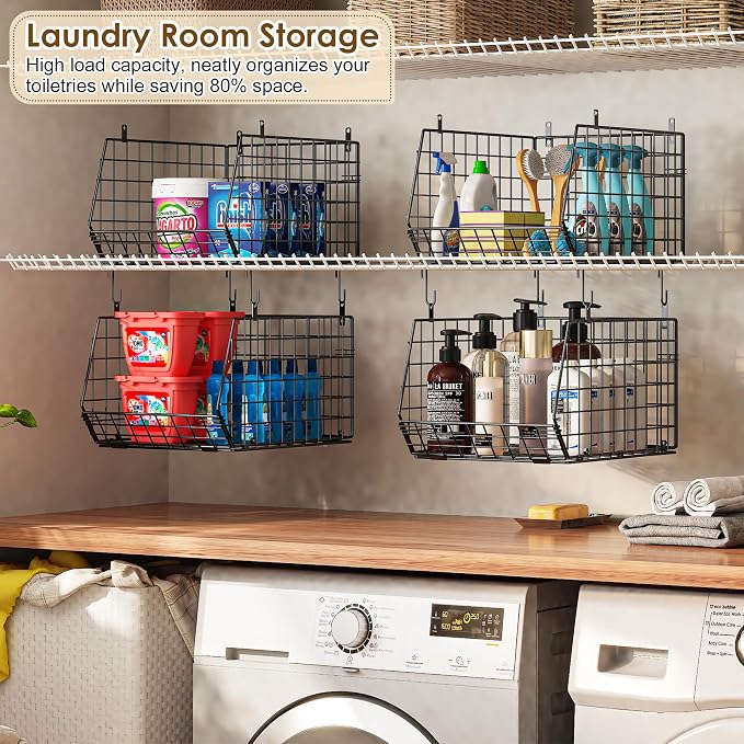 Capacity Upgrade Edition Deeper 4'' 5 Tier Foldable Hanging Closet Organizer and Storage，Wire Cabinet Shelves and Rack with 5 S Hooks,Stackable Metal Basket Bins for Clothes Shoe Purse,Black - Image 8