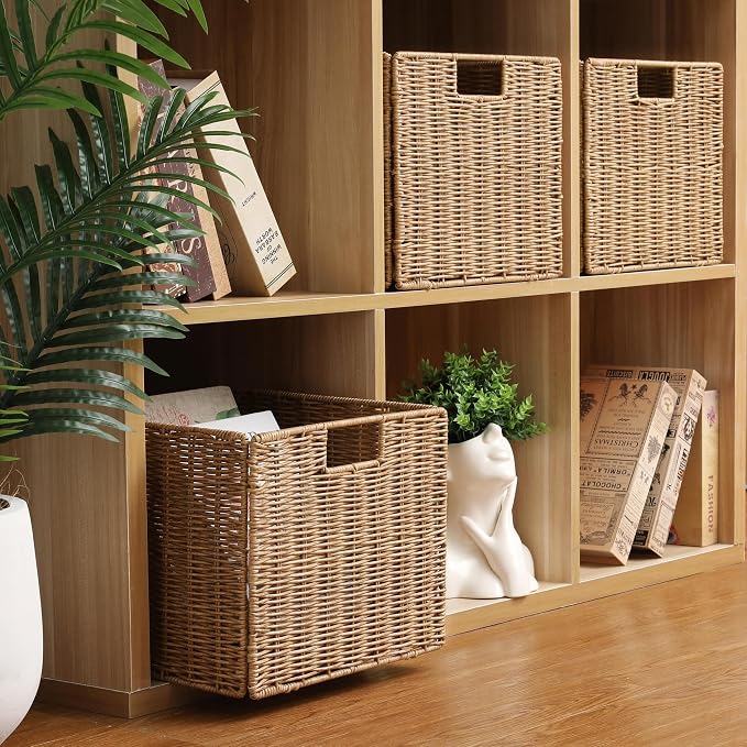 12X12X10in Plastic Wicker Storage Basket, Collapsible Wicker Cube Storage for Shelves, Woven Plastic Storage Basket for Pantry, Bedroom, Living Room, Bathroom, Shelves-3 Pack - Image 7