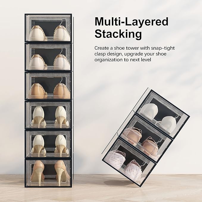 12 Pack Shoe Storage Box, Clear Plastic Stackable Shoe Organizer for Closet, Space Saving Shoe Rack for Entryway Sneaker Container Bin Holder (Black) - Image 3