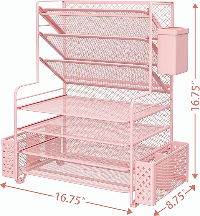 Simple Trending 7 Tier Desk File Organizer, Letter Tray Paper Organizer with Pen Holder and Metal Hanging Basket, Pink - Image 3