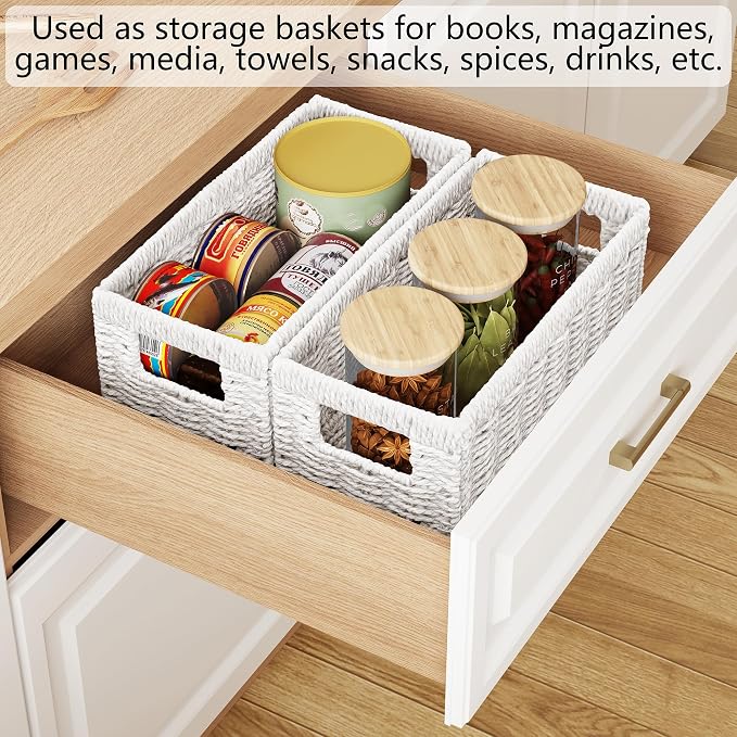 Wicker Storage Basket, Set of 2 Hand Woven Wicker Baskets for Organizing with Handles, Decorative Small Storage Bins for Countertop Toilet Paper Basket for Toilet Tank Top Shelves, White - Image 7