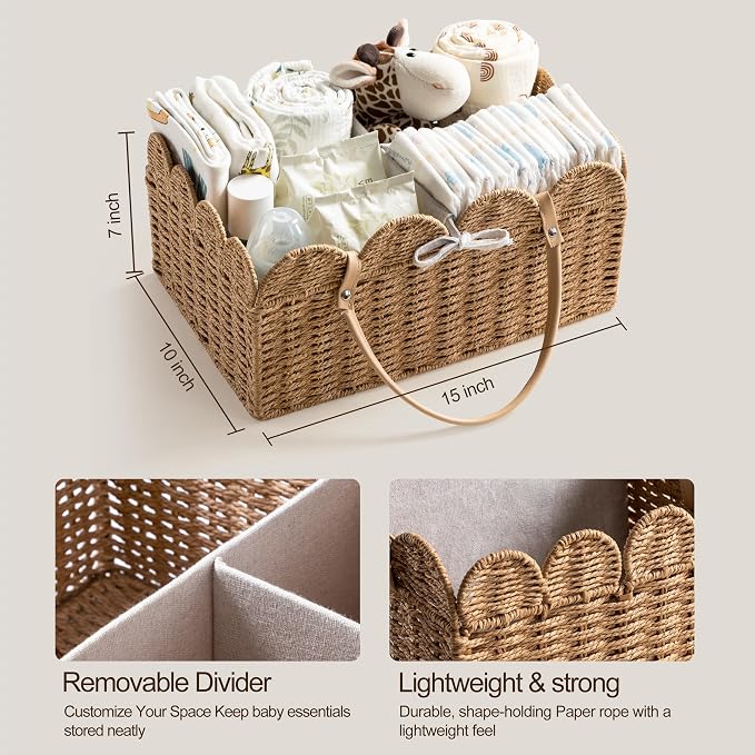 HBlife Large Baby Diaper Caddy, Paper Rope Scalloped Storage Baskets Nursery Bin with Removable Divider, Portable Car Organizer for Diapers, Baby Shower Gifts, Newborn Essentials Must Haves, Brown - Image 5