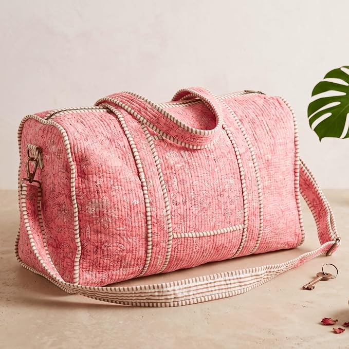 ATOSII Hand Block Print 100% Cotton Quilted Large Duffle Bag for Overnight Trip, Travel Weekender, Luggage, 2 Pockets, 1 Front Pocket, Detachable Long Strap, 20 X 10 X 12 Inches, Blush Bliss - Image 2