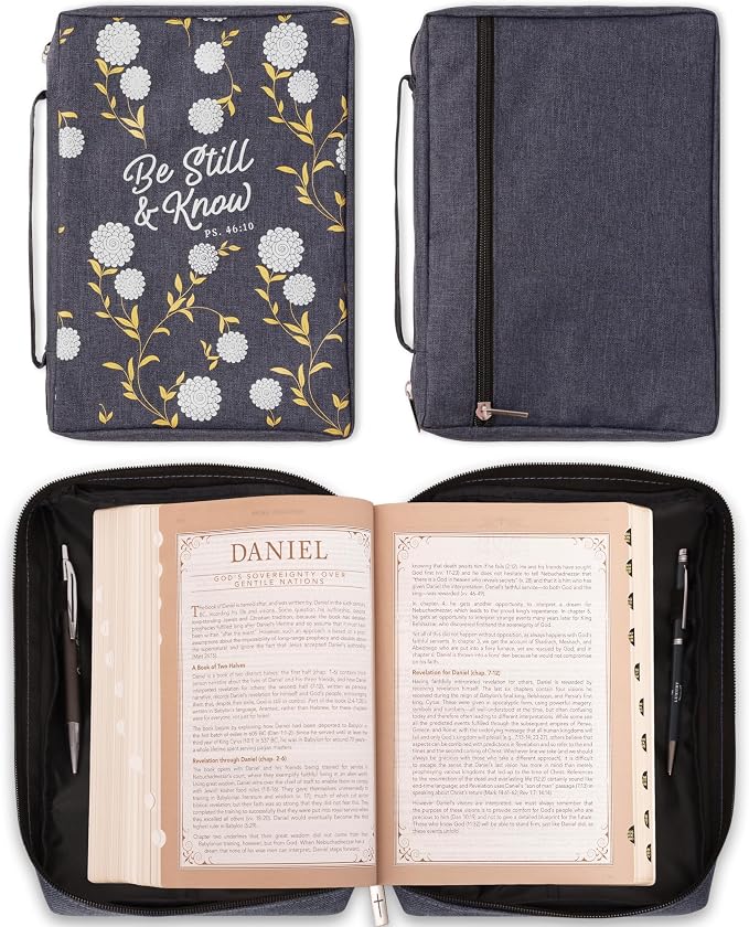 Christian Art Gifts Men/Women's Bible Cover Be Still & Know Psalm 46:10, Navy Canvas, Medium - Image 2