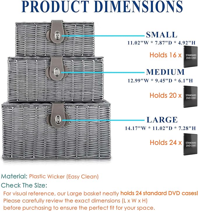 Set of 3 Woven Wicker Storage Basket Box with Lids & Lock, Built-in Carry Handles, Multifunctional Storage Organizer for Nursery, Baby, Clothes, Toys, Books, Large/Medium/Small Size (Grey) - Image 3