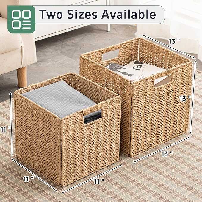 13x13x13 Storage Cube Bins Set of 4, Paper Rope Hand Woven Storage Basket with Handles, Collapsible Square Storage Cubes for Shelves, Wicker Shelf Baskets for Living Room Bedroom Organizing, Natural - Image 5