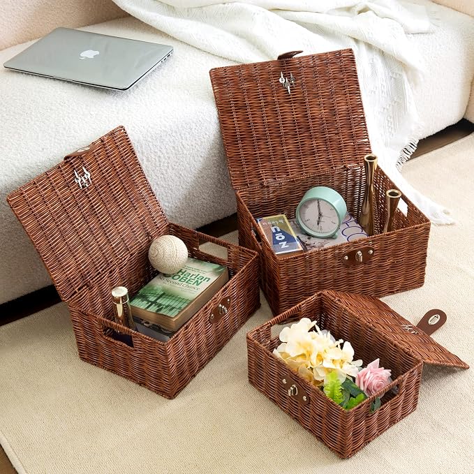Set of 3 Woven Wicker Storage Basket Box with Lids & Lock, Built-in Carry Handles, Multifunctional Storage Organizer for Nursery, Baby, Toys, CLoset, DVD Large/Medium/Small Size (Natural) - Image 8