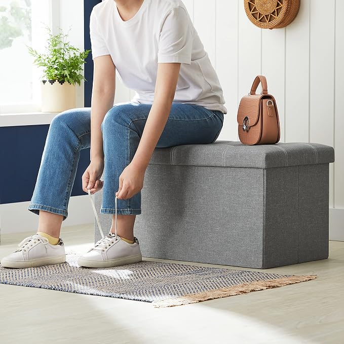 SONGMICS MAZIE Collection - 30 Inches Ottoman Storage Bench, 21 Gal. Folding Chest with Breathable Linen-Look Fabric, Load up to 660 lb, for Entryway, Living Room, Bedroom, Light Gray ULSF001G02 - Image 6