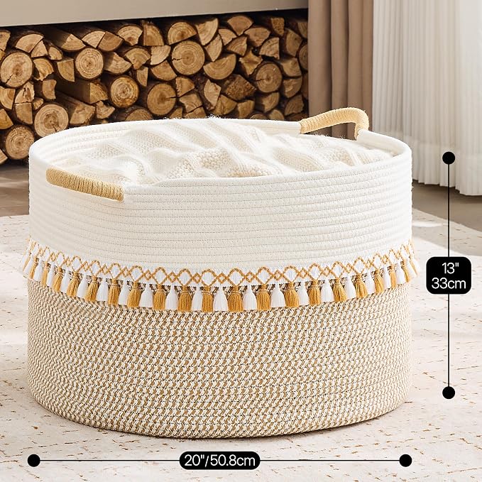 KAKAMAY Large Blanket Basket with Handles, Storage Basket for Living Room | Extra Large Capacity | Natural Cotton Rope | Blanket Storage | Woven Storage Basket | Stuffed Animal Storage | Laundry Basket - Image 3