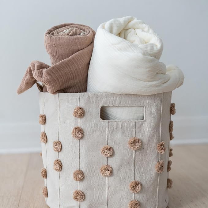 Storage Bins for Kids Nursery Bin Organizer (13"x12") Laundry Basket for Closet, Decorative Floor Storage Basket Canvas Fabric Storage Basket (Pompom - Taupe) - Image 5
