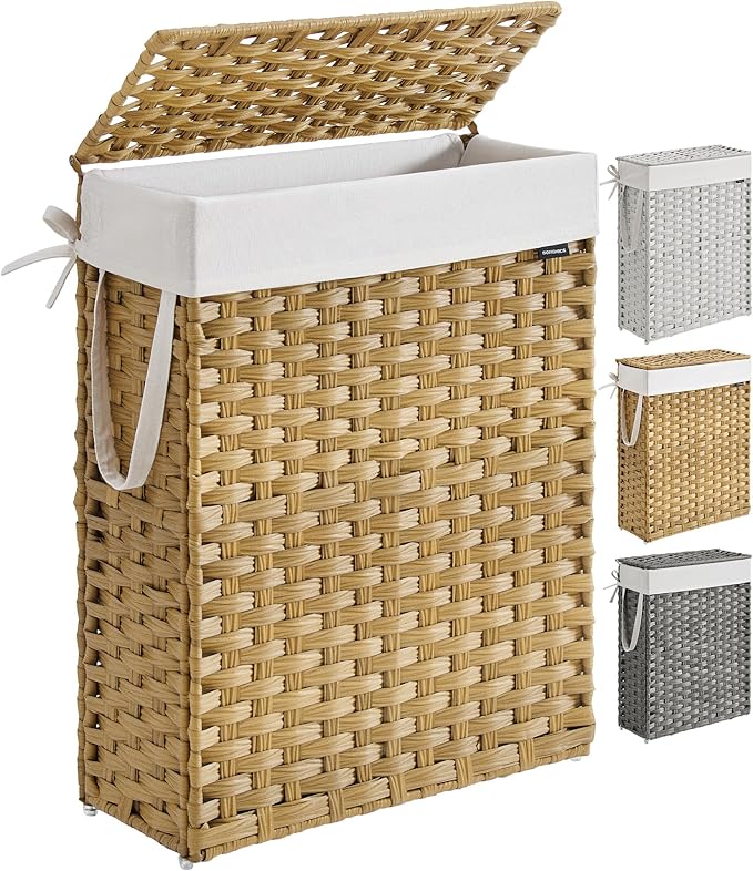 SONGMICS Slim Laundry Hamper with Lid, 14.5 Gallon (55L) Rattan Clothes Laundry Basket with Lid and Handles, Foldable, Removable Liner, Goose Yellow ULCB164N01 by Unknown