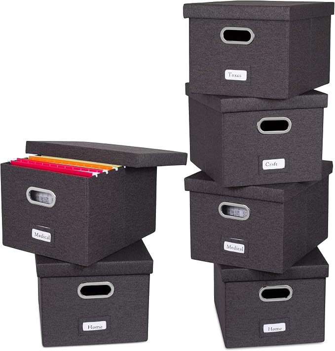 Internet's Best Collapsible File Storage Organizer with Lid - Decorative Linen Filing & Storage Office Box – Hanging Letter/Legal Folder – Home Office Bins Cabinet – Charcoal Container - 6 Pack by BIRDROCKHOME