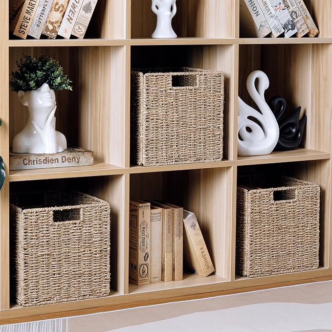 10.5 x 10.5in Cube Seagrass Storage Baskets, Foldable Square Wicker Storage Baskets for Shelves Set of 3, Large Cubby Rattan Basket, Collapsible Cube Storage Bins - Image 4