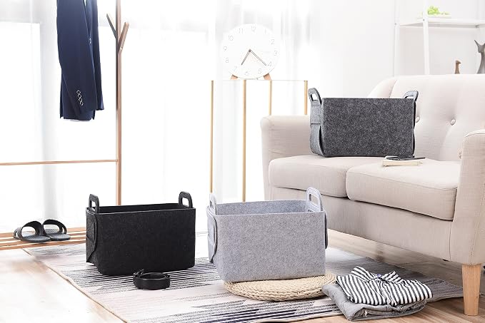 Storage Basket Felt Storage Bin Collapsible& Convenient Box Organizer with Carry Handles for Office Bedroom Closet Babies Nursery Toys Laundry (Light grey, 13.8inch（L）×9.5inch（W）×8.3inch（H）) - Image 6