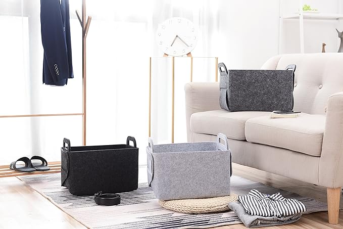 Minoisome Storage Basket Felt Storage Bin Collapsible& Convenient Box Organizer with Carry Handles for Office Bedroom Closet Babies Nursery Toys Laundry (Grey, 13.8inch（L）×9.5inch（W）×8.3inch（H）) - Image 6