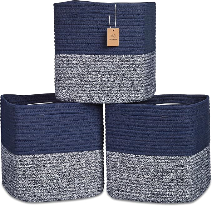 NaturalCozy 13 Inch Cube Storage Bins Cotton Rope Woven Baskets for Organizing 3-Pack | 13 x 13 Storage Cubes | Fabric Square Storage Baskets for Shelves Organizer, Kids Toy Bins, Closet Baby Nursery by NaturalCozy
