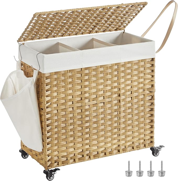 SONGMICS Rolling Laundry Hamper with Lid, 140 L 3-Section Synthetic Rattan | Laundry Basket with Wheels, Removable Liner, 26 x 13 x 26 Inches, Natural, ELIOTT Collection ULCB363N01 by Unknown