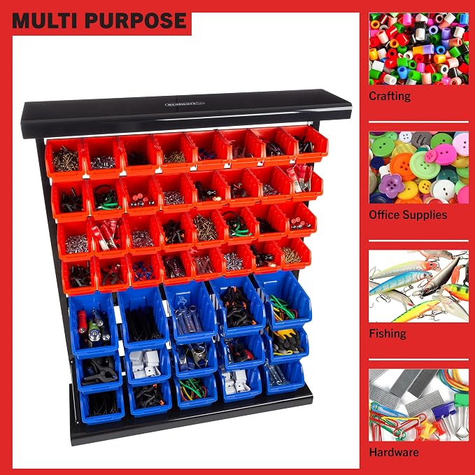 47-Bin Garage Organization Rack (15 Large, 32 Small) - Tabletop or Wall Mount Steel Rack with Removable Stackable Garage Storage Bins, Small Parts Organizer for Hardware or Office Supplies by Stalwart - Image 5