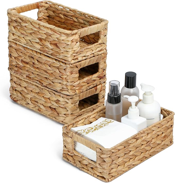 4 Small 3.6 QT Water Hyacinth Wicker Baskets for Shelves, 10" Long Woven Pantry Organizers and Storage Basket, Decorative Ratten Shallow Rectangle Baskets for Organizing Countertop Bathroom by Tadacumir