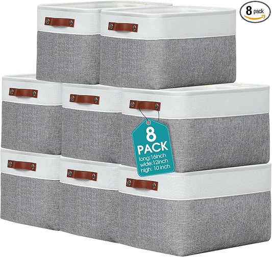 Uiifan 8 Pack 16 x 12 x 10 Inch Large Storage Baskets Collapsible Fabric Storage Cubes Bins with Handles for Shelves Closets Nursery Home Clothes Toys Organizers, Gray by Uiifan