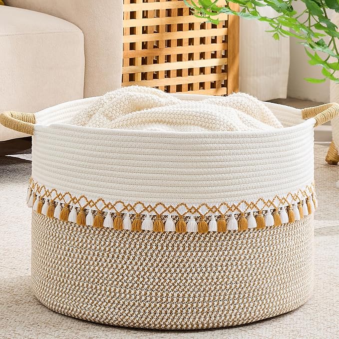 KAKAMAY Large Blanket Basket with Handles, Storage Basket for Living Room | Extra Large Capacity | Natural Cotton Rope | Blanket Storage | Woven Storage Basket | Stuffed Animal Storage | Laundry Basket by KAKAMAY