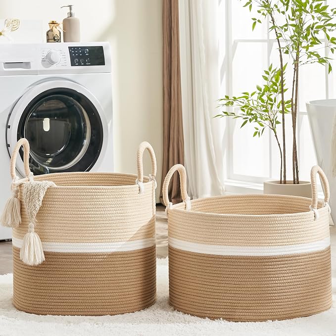 KAKAMAY Large Blanket Basket (18"x18"x16"),Woven Baby Laundry Hamper for Storage, Cotton Rope Blankets Baskets for Nursery, Laundry, Living Room, Pillows, Baby Toy chest with Handles (Light Brown) - Image 6