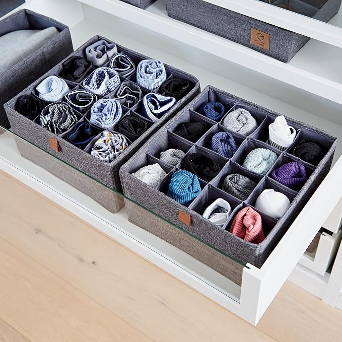 LOVE IT STORE IT Premium Drawer Organiser System, 2-Piece Linen Wardrobe Organiser, Reinforced, 16 Compartments for Socks, Underwear, Grey, 30 x 30 x 15 cm - Image 2