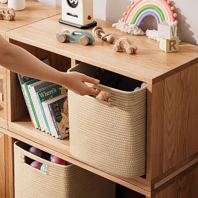 UBBCARE Set of 4 Storage Basket-13 X 13 X 13 In, Cotton Rope Basket for Shelves, Toys, Book, Cube Storage Bins with Handles, Woven Storage Basket for Organizing, Brown - Image 4