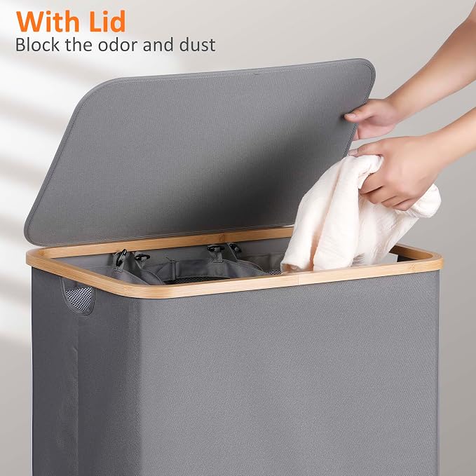 efluky Laundry Hamper with Lid, Trio Laundry Basket with 2 Removable Bags, 3 Section Laundry Bin with Bamboo Handles for Bathroom, Bedroom & Laundry Room, 160L (42.3 Gallon) Silver Grey - Image 3