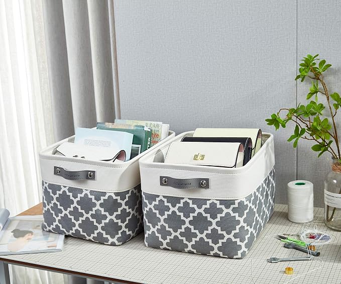DECOMOMO Storage Bins, Large Fabric Storage Baskets for Shelves 3 Pack | 15 x 11 x 9.5 inches Decorative Linen Closet Organizers with Handles(Grey Patterns) - Image 3