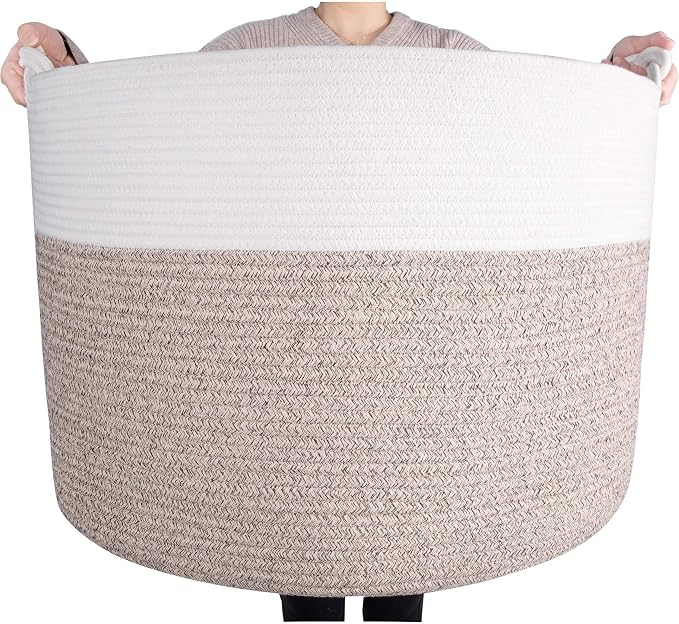 Extra Large 22 x 16in Decorative Woven Cotton Rope Blanket Storage Basket Bin Living Room with Handles and Laundry Hamper for Pillows, Pool Towels, Dog Toys, Shoes, Light Brown by MINTWOODDesign