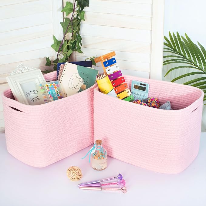 3-Pack Decorative Woven Storage Baskets for Shelves, Cube Bin Box for Organizing Books, Shoes, Dog Toys, Pantry Closet and Living Room Organizer, Soft Pink - Image 3
