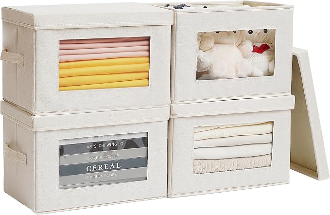 4-Pack Large Storage Bins with Lids & Clear Window, Foldable Fabric Closet Organizer Boxes, Stackable Cube Baskets with Soft Handles for Clothes & Blankets, 17”, Beige by Unknown