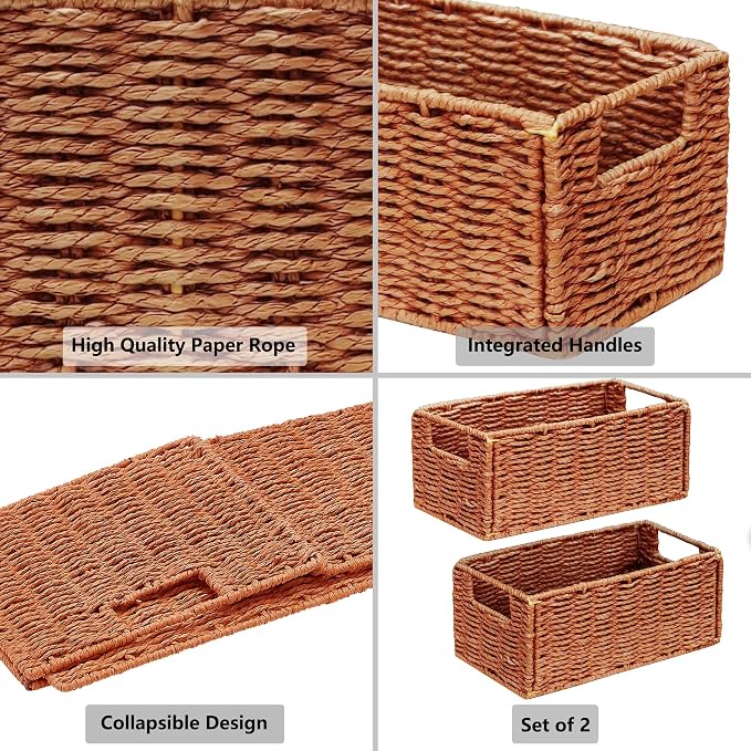 Wicker Storage Basket, Set of 2 Hand-Woven Paper Rope Wicker Basket, Small Storage Baskets for Organizing Toilet Paper, Foldable Small Cube Organizer Bins for Shelves (Orange) - Image 2