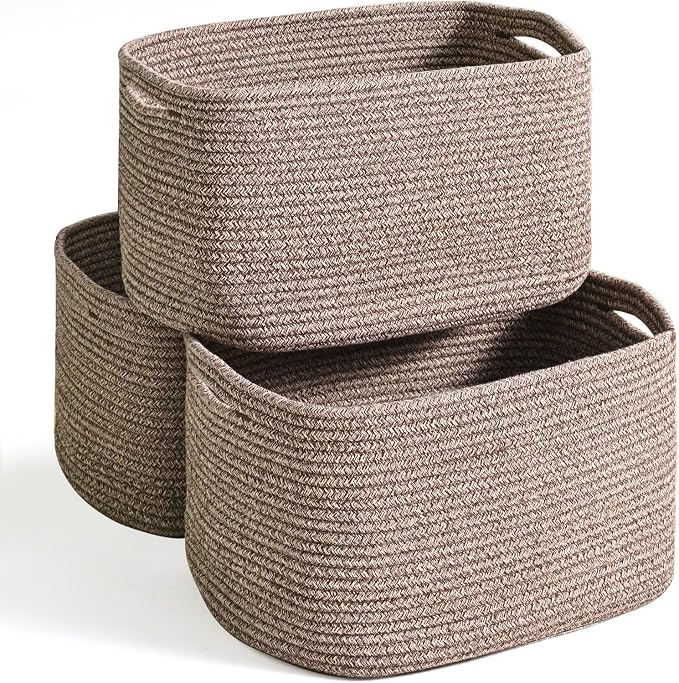 Storage Baskets for Organizing Shelves, Woven Cotton Rope Bins for Organization, Dog Toy Organizer for Shelf Living Room Bedroom, 14.8"×11"×9.5", Pack of 3, Dark Brown by Unknown