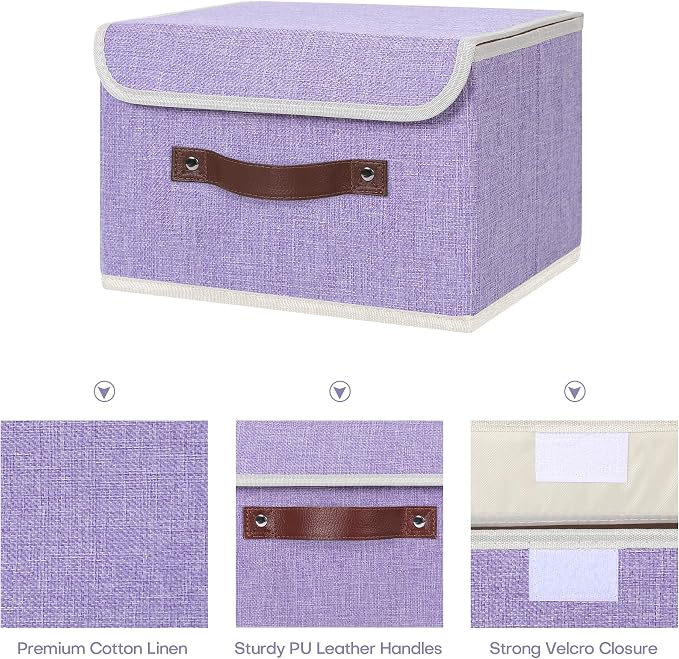 ANMINY Fabric Storage Box Bins with Lids, Purple, 10"x8"x7", 2 Pack | Keepsake Memory Storage, Cotton Linen, PP Board Reinforced, Washable, PU Handles, Foldable & Stackable, Decorative, Small - Image 3