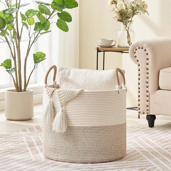 KAKAMAY Large Blanket Basket (18"x18"x16"), Woven Baby Laundry Hamper for Storage, Cotton Rope Basket for Nursery, Laundry, Living Room, Pillows, Baby Toy Chest with Handles (Black Stripes) - Image 5