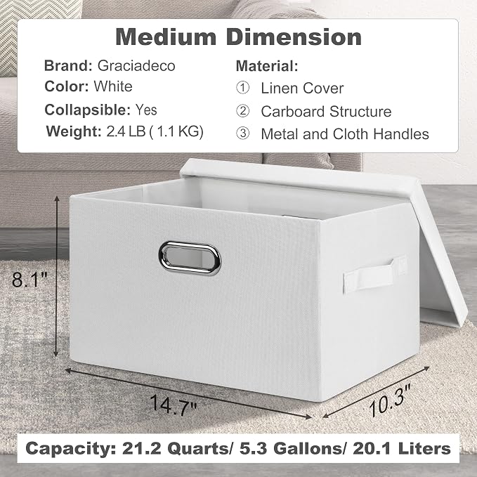 Graciadeco Medium 15" 21 Quart Collapsible Stackable Storage Bins with Lids, 1 Pack White Foldable Fabric Closet Storage Boxes with Lids, 4 Handles Heavy-duty Linen Cube Baskets for Bedroom | 21 Quart 1 Pack White Collapsible Stackable Linen Fabric 4 H... - Image 2