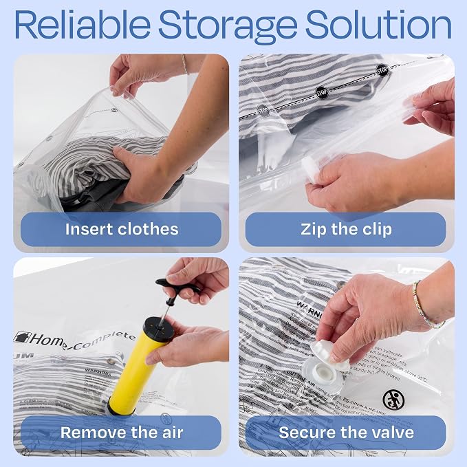 20 Vacuum Sealer Bags – Compression Bags for Travel, Clothes, and Blanket Storage – Airtight Space Saver Pouches in 4 Sizes and Pump by Home-Complete - Image 4