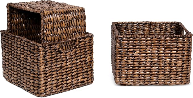 BIRDROCK HOME Storage Shelf Organizer Baskets with Handles - Handwoven Abaca Seagrass Wicker Basket for Pantry, Living Room, Office & Bathroom, Versatile Under Shelf Storage - Set of 3, Brown Wash | Woven Storage Baskets for Shelves with Handles, Cube ... - Image 9