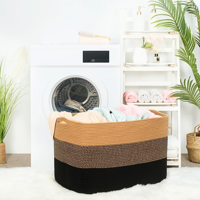112L Extra Large Blanket Basket Holder Living Room, 25"x17"x16" Rectangle Rope Woven Storage Basket with Handles for Laundry, Pool Towels, Shoes, Dog Toy Organizer Bin Box, Black Jute - Image 2
