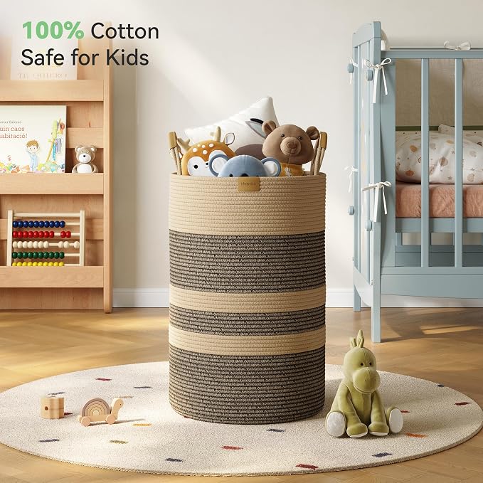 Nunsino 75L Striped Laundry Hamper with Leather Handles,Large Foldable Laundry Basket for Clothes,Cotton Rope Storage Bin for Blankets,Woven Clothes Basket for Bedroom,Dark Brown Stripes - Image 3