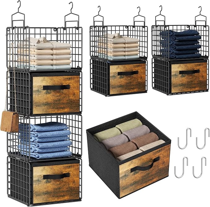 Hanging Closet Organizer with Drawers, 4 Tier Metal Closet Organizers and Storage with 4 Hanging Hooks 4 S-Hooks for Wardrobe Laundry Room, Wire Storage Shelf for Clothes Sweaters Pants (Black) by Orapoke