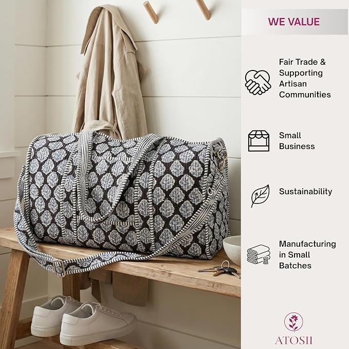 ATOSII Handblock Print 100% Cotton Large Quilted Duffle Bag for Overnight Trip, Travel Weekend Bag, Luggage, 2 Pockets with Zipper, 1 Front Pocket, Detachable Long Strap, 20 X 10 X 12 Inches, Gracie - Image 5