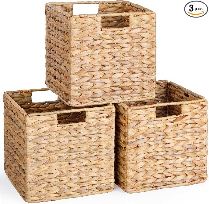 10.5x10.5 Water Hyacinth Storage Baskets, Collapsible Square Wicker Baskets Cube Storage Bins for 11 Inch IKEA Kallax, Set of 3 by DINGTAI